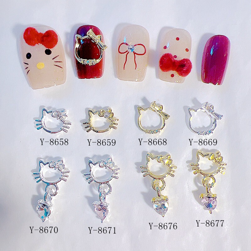 Pink Diamond Popular Cute Kt Cat Nail Art Jewelry Stereo Inlaid with Colored Diamonds Hello Kitty Tassel Heart Pendant Nail Accessories