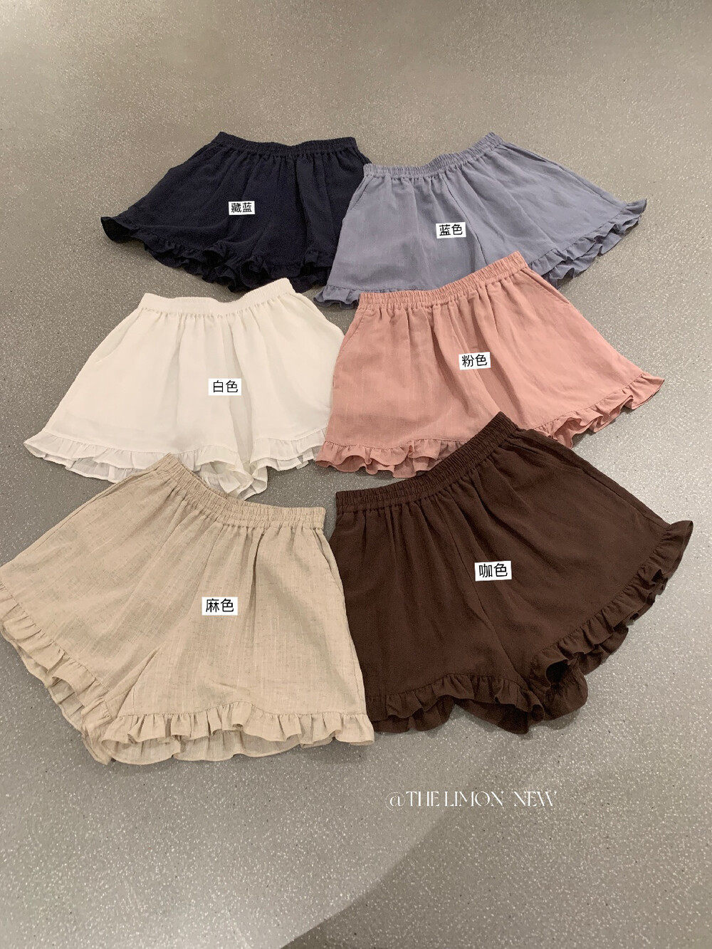 Quần short nữ cạp chun ống rộng chất liệu linen phối viền ren — màu sắc, xanh lam, Màu cà phê, màu hồng chi tiết 27
