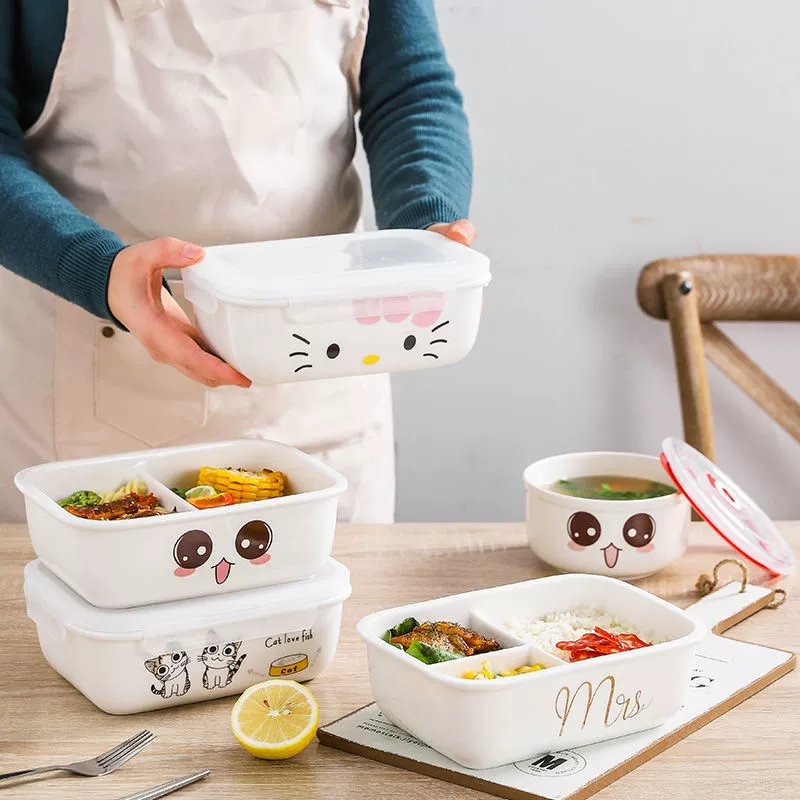 Ceramic lunch box Student Bento box Partial type lunch box Office worker with lid set Microwave oven heating insulation Pingrun
