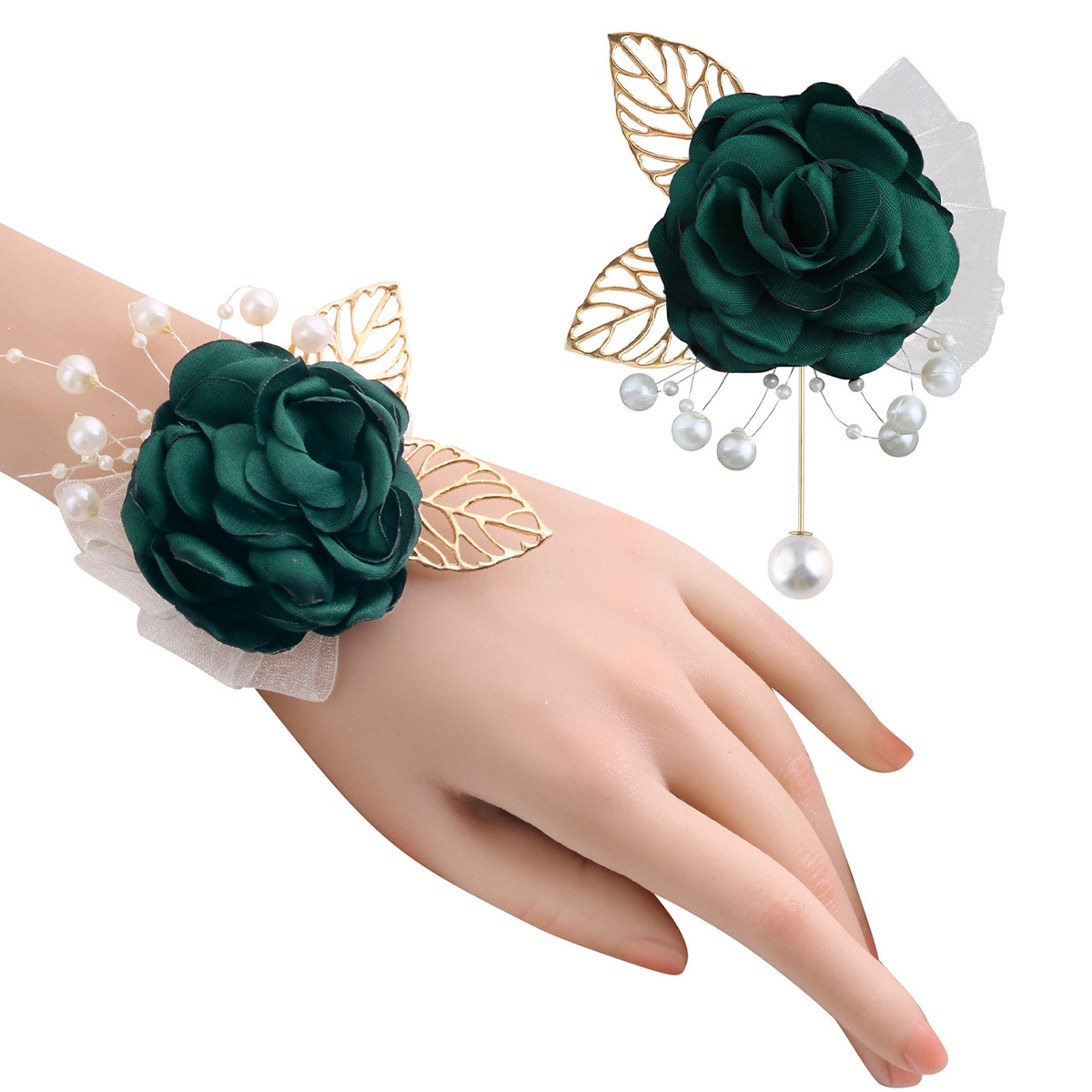 墨绿手腕花+金珍胸花.jpg