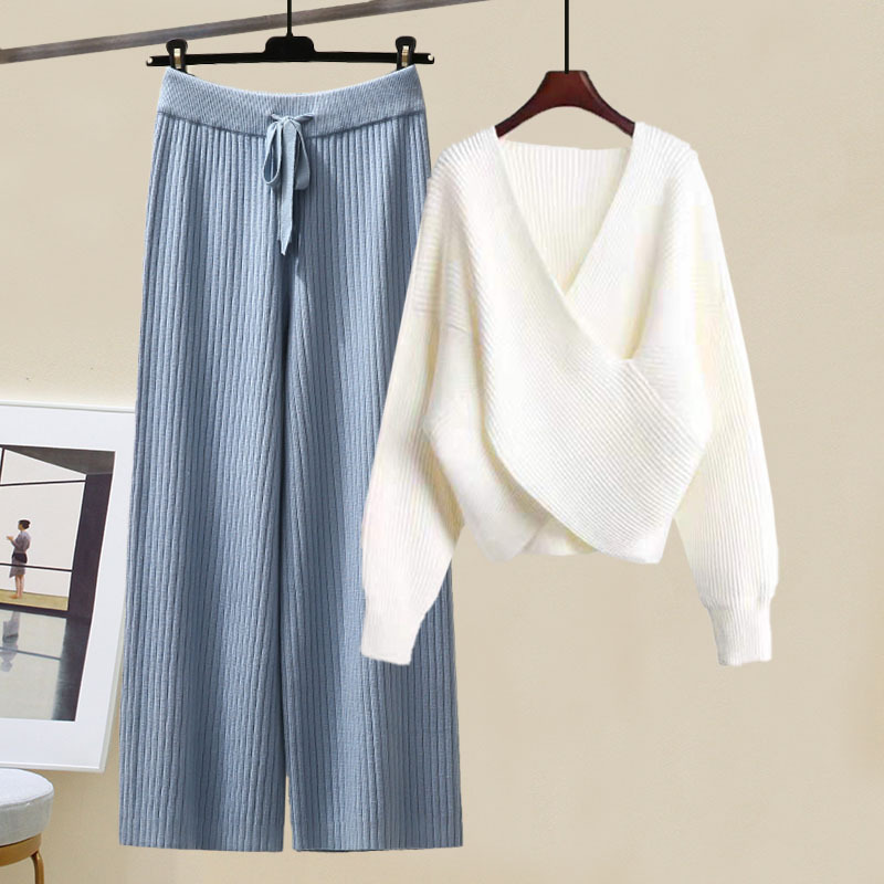 Women's Clothing Outfit With High Gentle Sweater Knitted Wide Leg Pants Suit Goddess Two Piece Suit_voghion.com