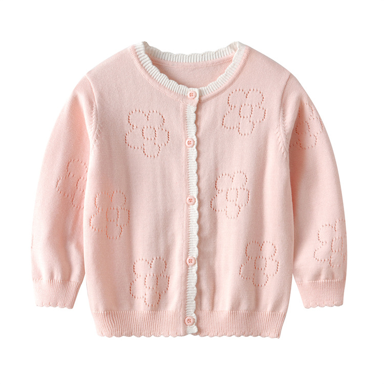 Girls' coat pure cotton flower hollow out sweater spring autumn new baby top simple and versatile small cardigan trend