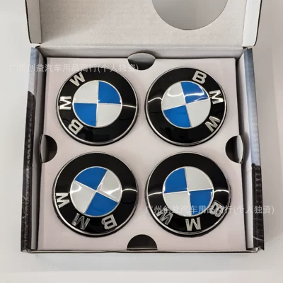Suitable for BMW car floating wheel hub covers, including models 1 Series, 3 Series, 4 Series, 5 Series, 7 Series, X1, X2, X3, and X5 (Car logo) - bm68-blue-and-white-4-pack