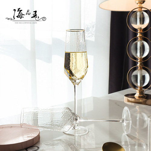 Light luxury diamond hammered goblet champagne glass crystal glass red wine glass gold rim wine glass set foreign wine glass wholesale
