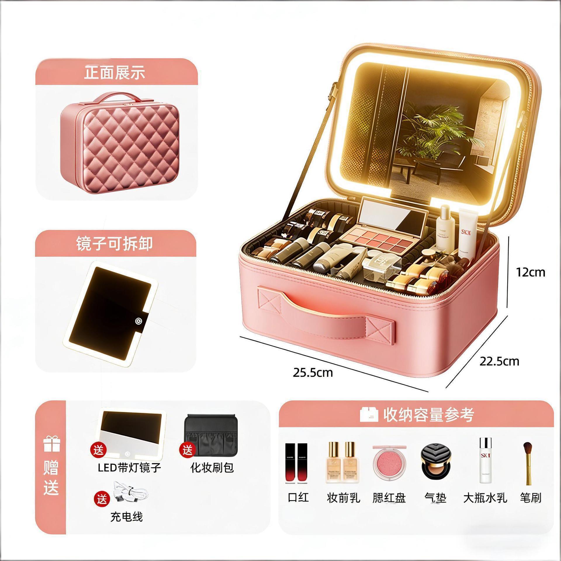 Caja de maquillaje con lámpara LED, bolsas de maquillaje con espejo, bolsas de almacenamiento portátiles de gran capacidad y maquillaje personalizado.