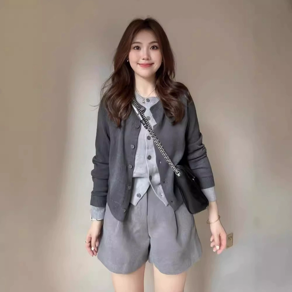 Большой размер ленивый ветер премиум-класса серый поддельный трикотаж из двух частей женский осенний новый толстый мм тонкий свитер кардиган