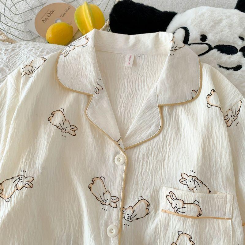 Verano nuevo pijama de algodón nube delgada suelta mujer gran hermana gorda dos piezas de dibujos animados impresión ropa para el hogar