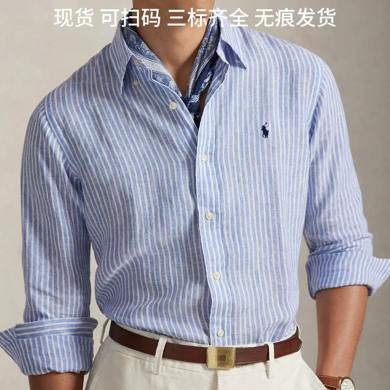 In Stock High-End Classic Pony Logo Embroidered Striped Long-Sleeve Linen Shirt Business Old Money Style Unisex