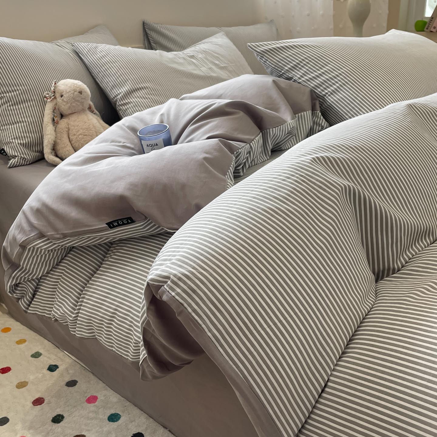 Parure de lit 4 pièces en pur coton à rayures simples, collection printemps 2026, drap-housse et housse de couette 100% coton, Nantong Bedding_voghion.com