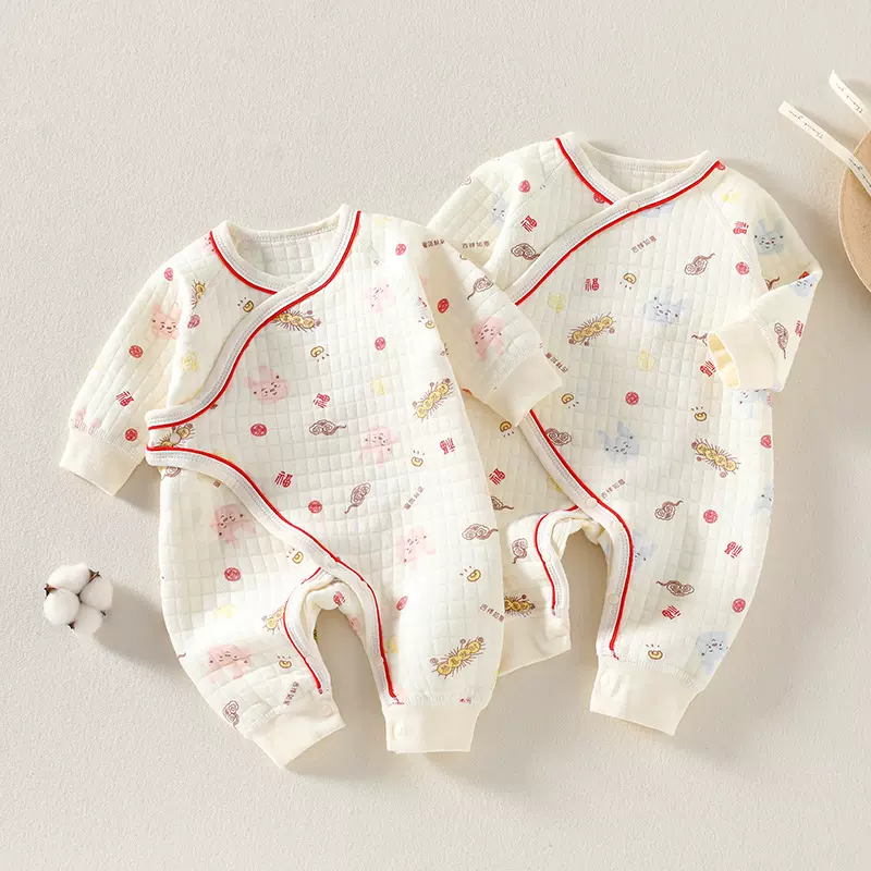 新生儿保暖无骨连体衣夹棉婴儿衣服加厚外出服宝宝纯棉哈衣爬服