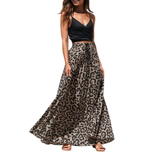 European and American large size women's clothing a-line skirt extra-large size skirt drawstring print leopard print long dress for women
