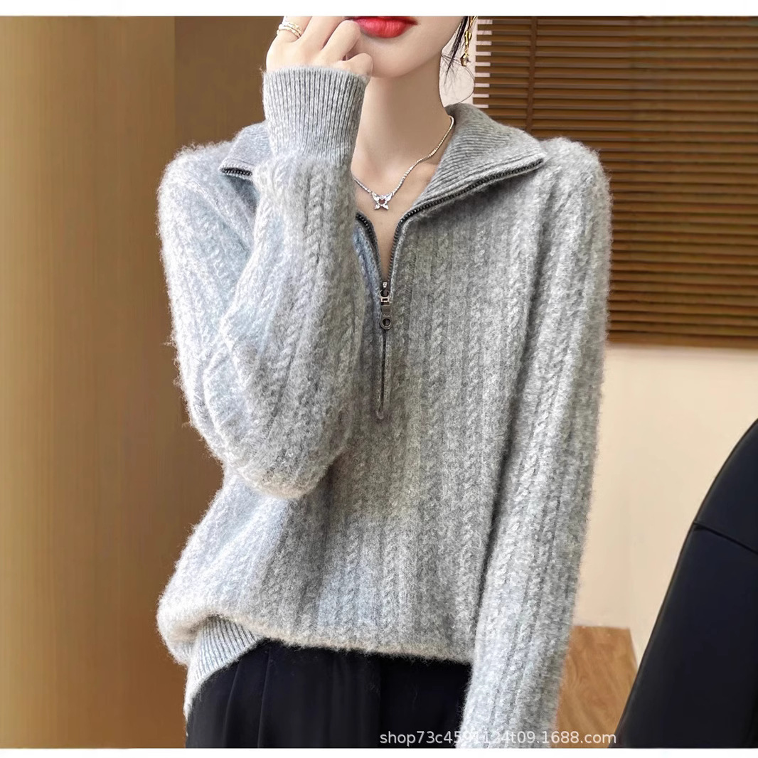 가을과 겨울 2025 하프 지퍼 옷깃 캐시미어 스웨터 순수 울 스웨터 여성용 두꺼운 짧은 니트베이스 셔츠 탑