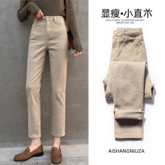 2025年秋新作 カーキ色のシガレットパンツ ハイウエスト万能デニムパンツ レディース 着痩せ効果のあるストレッチ素材の細身ストレートパンツ