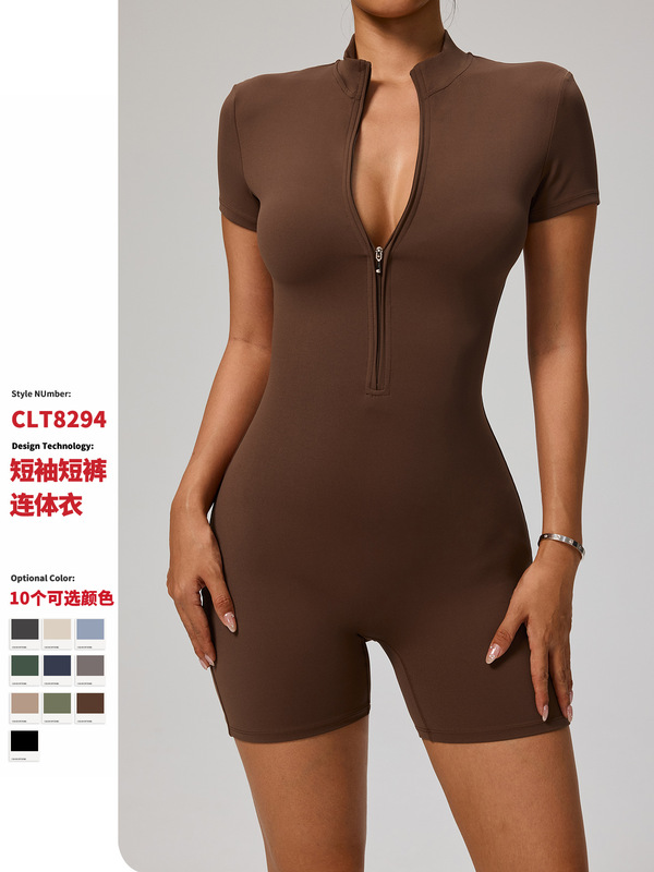 添亿欧美夏季拉链短袖瑜伽连体服女舞蹈健身紧身短裤运动连体衣|undefined