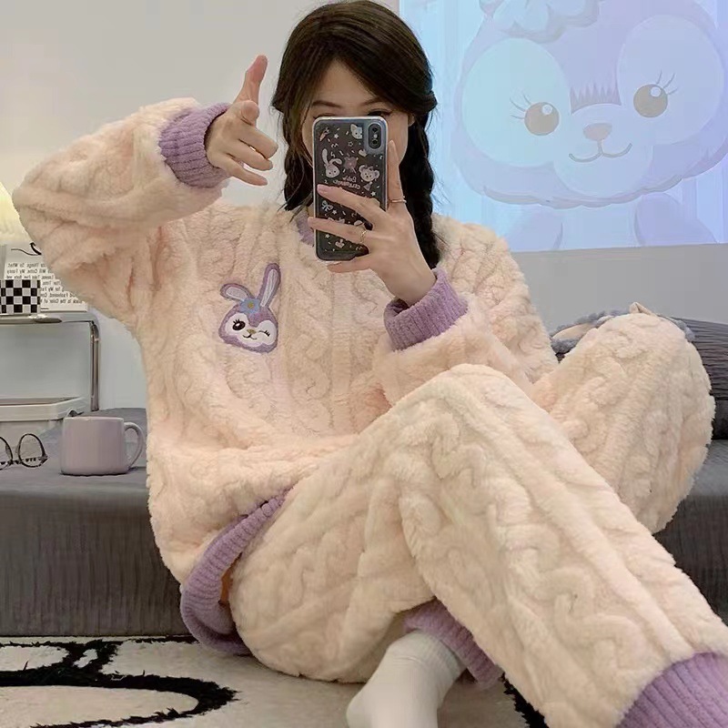 Franela engrosada de manga larga pijamas para mujeres invierno dulce Otoño e Invierno oso coral polar cálido ropa de abrigo homewear traje image 8