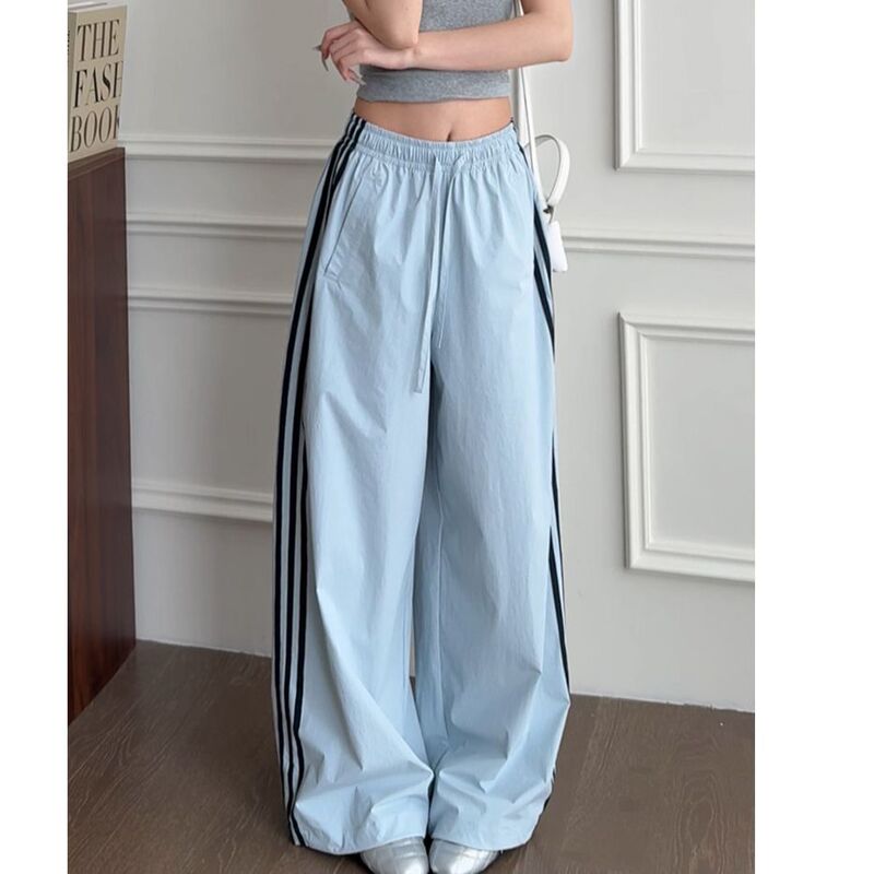 Summer Thin High-Waisted Drapey Slimming Quick-Dry Wide-Leg Cargo Pants for Women, Blue Three-Stripe Pleated Sports Pants