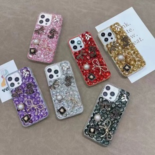 Full Diamond 5-character Bow for Apple 15PRO Mobile Phone Case Rhinestone Apple 15/14P Mobile Phone Case Anti-drop Full Coverage