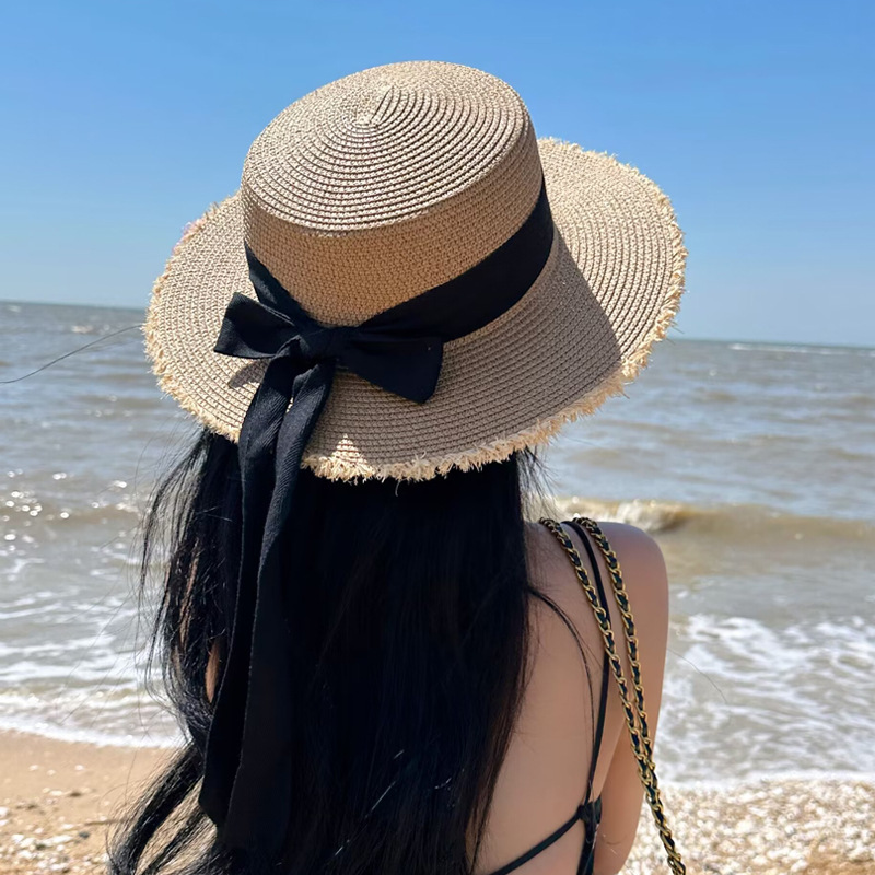 蝴蝶結毛邊平頂草帽女夏海邊沙灘度假日式夏威夷太陽編織遮陽帽子