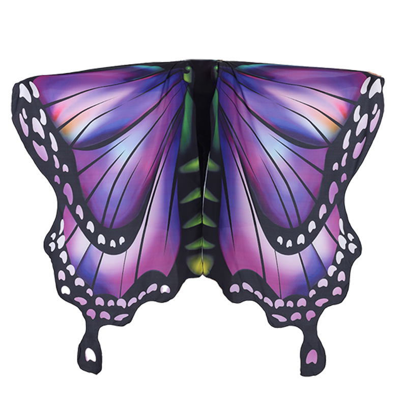 Impresión digital púrpura capa de mariposa shale estilo danza del vientre capas giratorias fuera de plumas conjunto de arnés