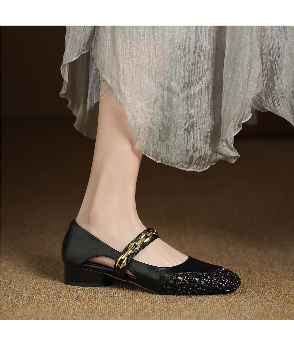 Sandal nữ gót thấp mũi hở quai ngang đế xuồng cỡ lớn 33–43 — đen chi tiết 5