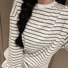 正确版原标MIU缪家网红款字母贴布LOGO宽松条纹长袖T恤男女打底衫