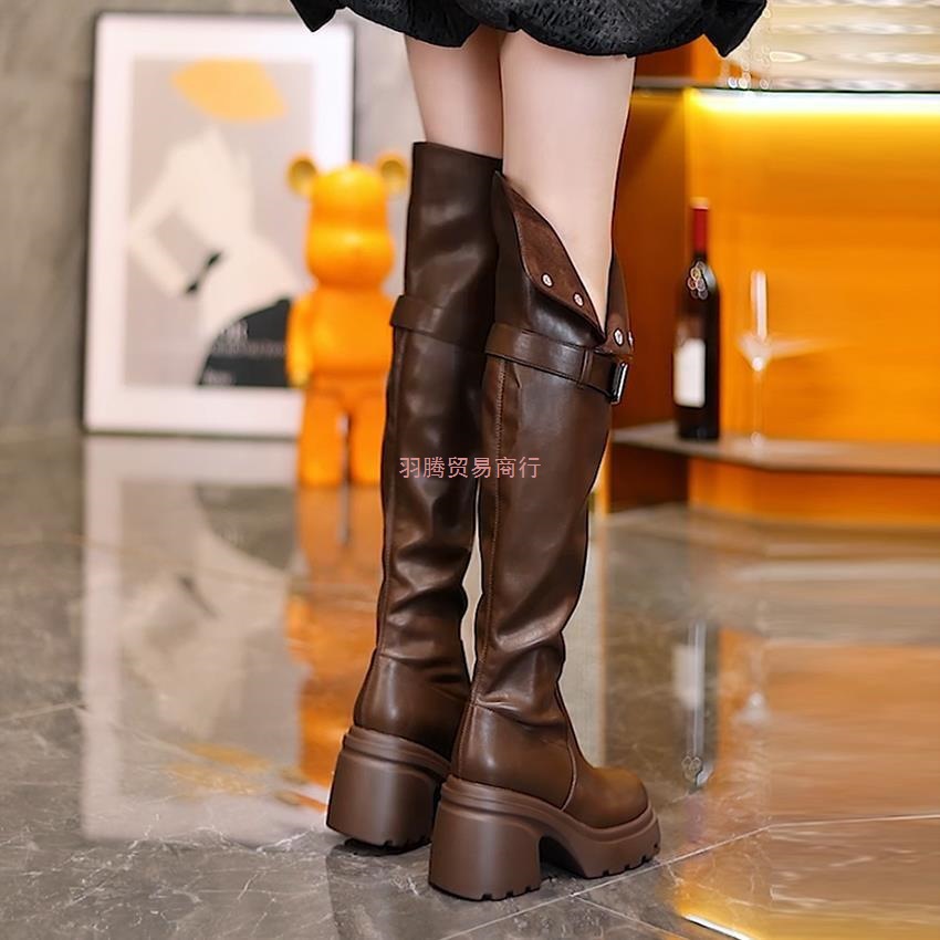 爆款过膝靴女秋冬新款圆头高跟长靴粗跟厚底两穿皮面百搭高筒靴子
