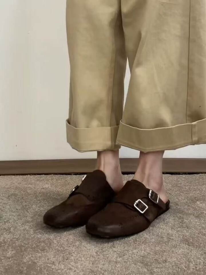 Giày lười nữ mũi vuông da thật kiểu Brogue hai hàng khóa, đế bằng — Màu nâu, màu đen chi tiết 6
