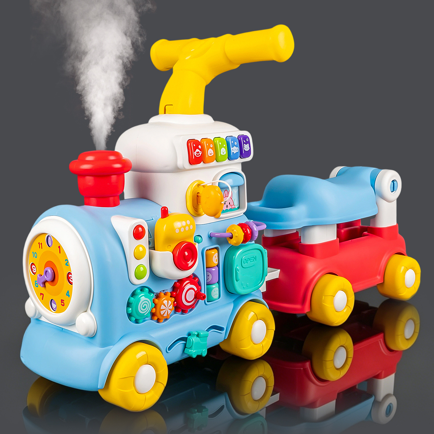Baby walker toy, multi-functional sound and light early education toy train, rideable and pull-along baby stroller gift box