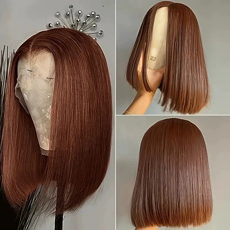 Parrucca sintetica premium corta con riga centrale dall'aspetto naturale, morbida parrucca castana per l'eleganza quotidiana e la versatilità nello styling_voghion.com