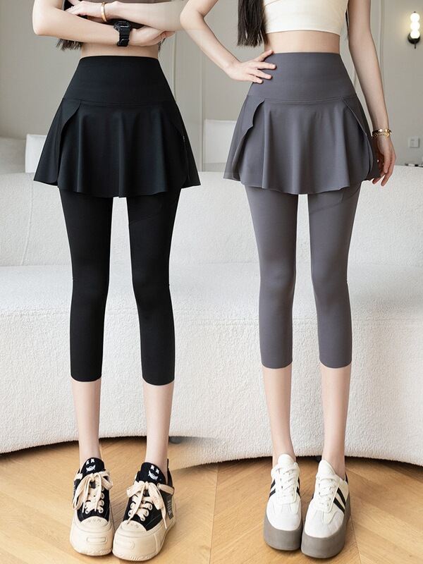 Seven-Point Faux Two-Piece Skirt Pants, Shark Pants for Outerwear, Plus-Size, Summer Thin Style with Pockets, Spring Fitness Yoga