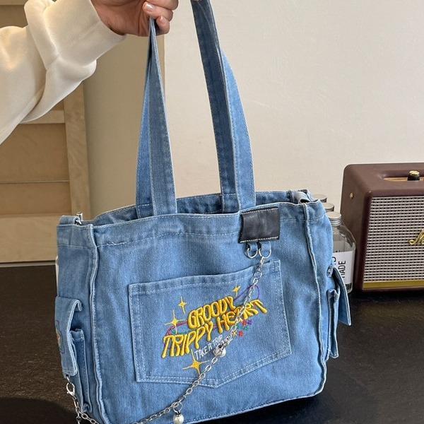 Nuevo bolso de mezclilla bordado de gran capacidad bolso de hombro de estilo universitario retro bolso de viaje de viaje de moda