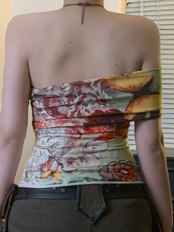 恋布忘れ古着蝶染めプリント片肩非対称抹胸上着ギャル風ガードルtシャツ|undefined