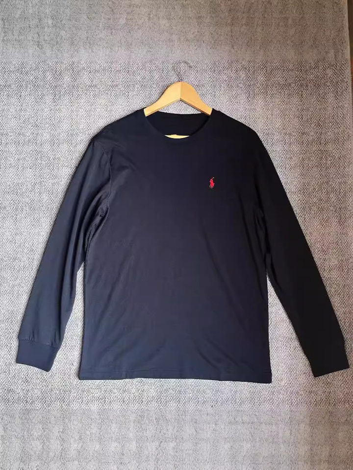 Áo thun tay dài cổ tròn cotton thêu logo ngựa nhỏ, form suông — Màu trắng, Màu xanh navy, Màu yến mạch, Màu đen