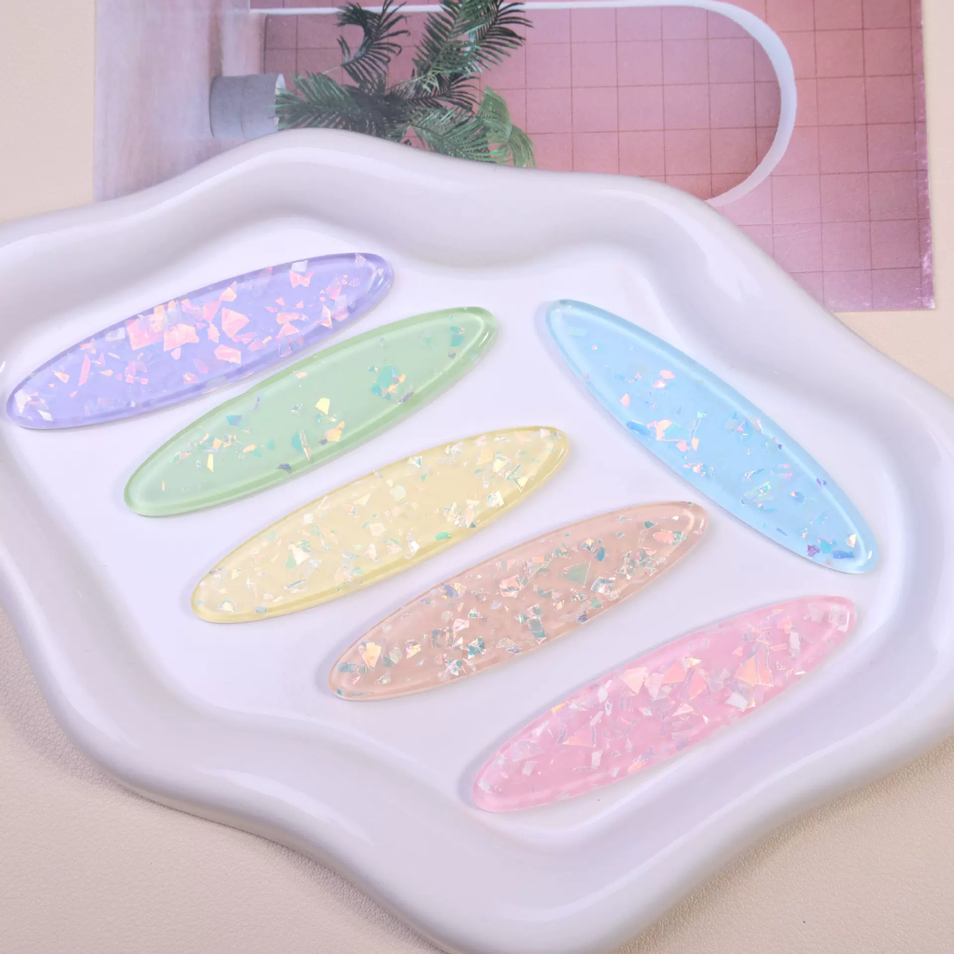 日系多巴胺彩色椭圆亮片树脂贴片DIY发夹侧边夹项链手机壳洞洞鞋