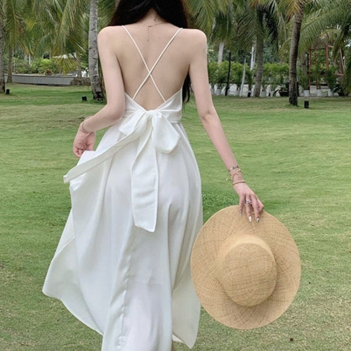 French-style sexy pure desire backless bow-neck white tank top dress for women summer beach vacation temperament long dress