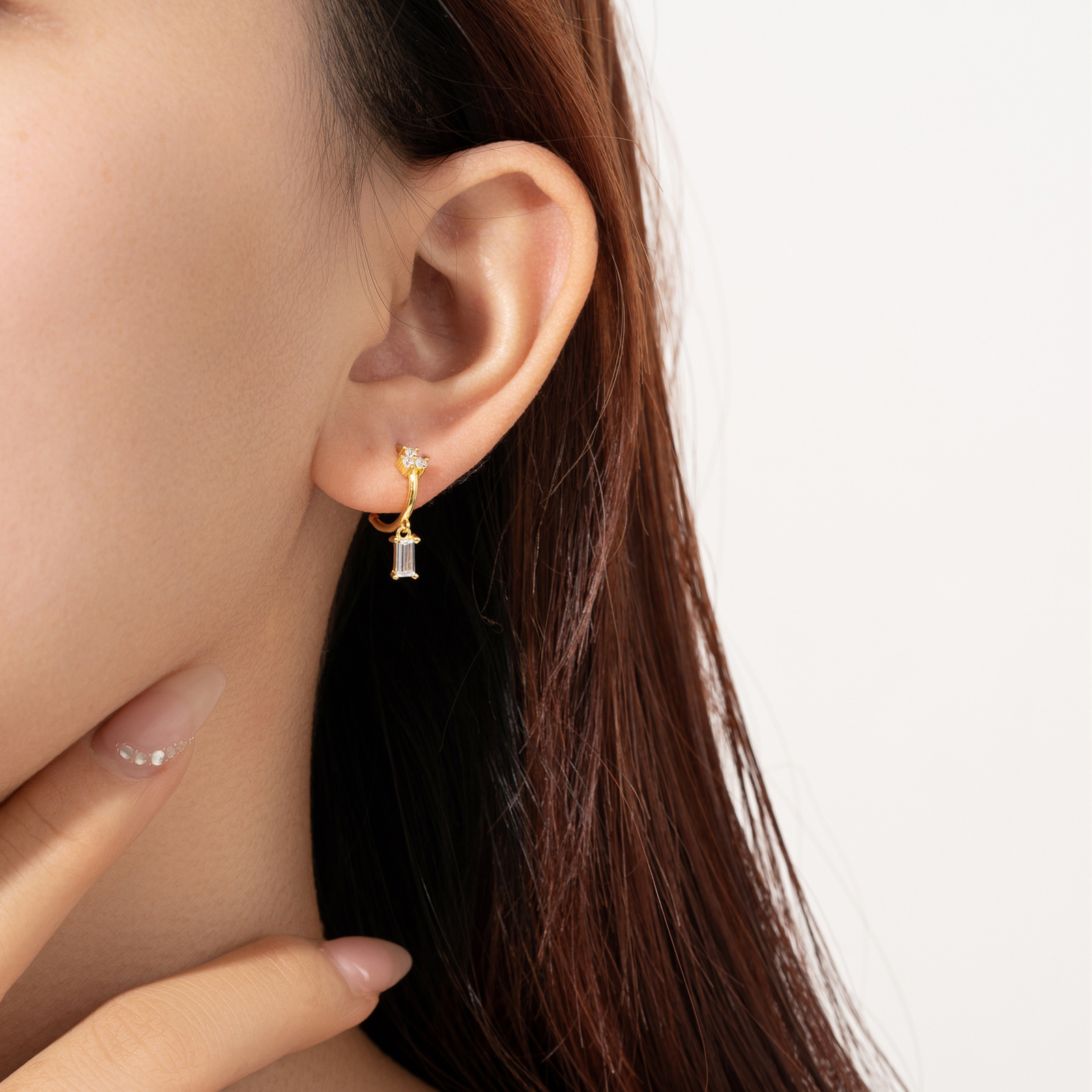 5g Weight 1 Pair 18K Gold Plated 925 Sterling Silver Zircon C Shape Rectangle Drop Earrings