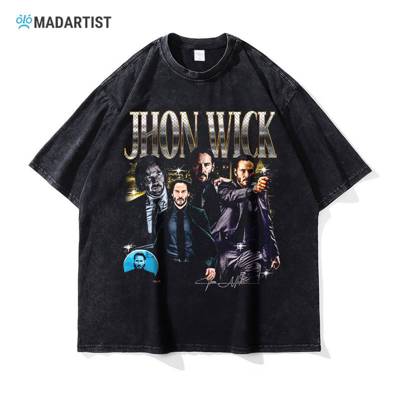 Madartist Movie Fast Pursuit John Wick T-Shirt Washed and Distressed Retro Christian Short-Sleeved