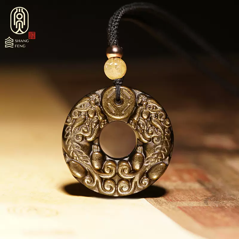 黑曜石双貔貅吊坠招财皮丘平安扣项链女貔情侣水晶挂坠