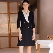 AD设计感香槟色接拼领醋酸连衣裙女2024春夏双排扣西装裙主持服装