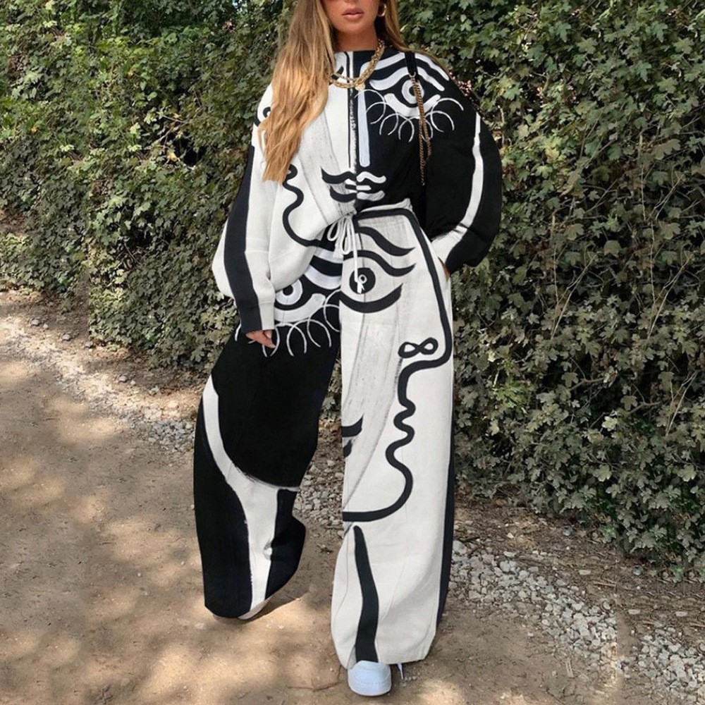 Conjunto de Sudadera Informal con Cuello Redondo y Estampado Holgado para Mujer, Estilo Europeo y Americano, Novedad de Comercio Exterior Transfronterizo para Otoño 2025