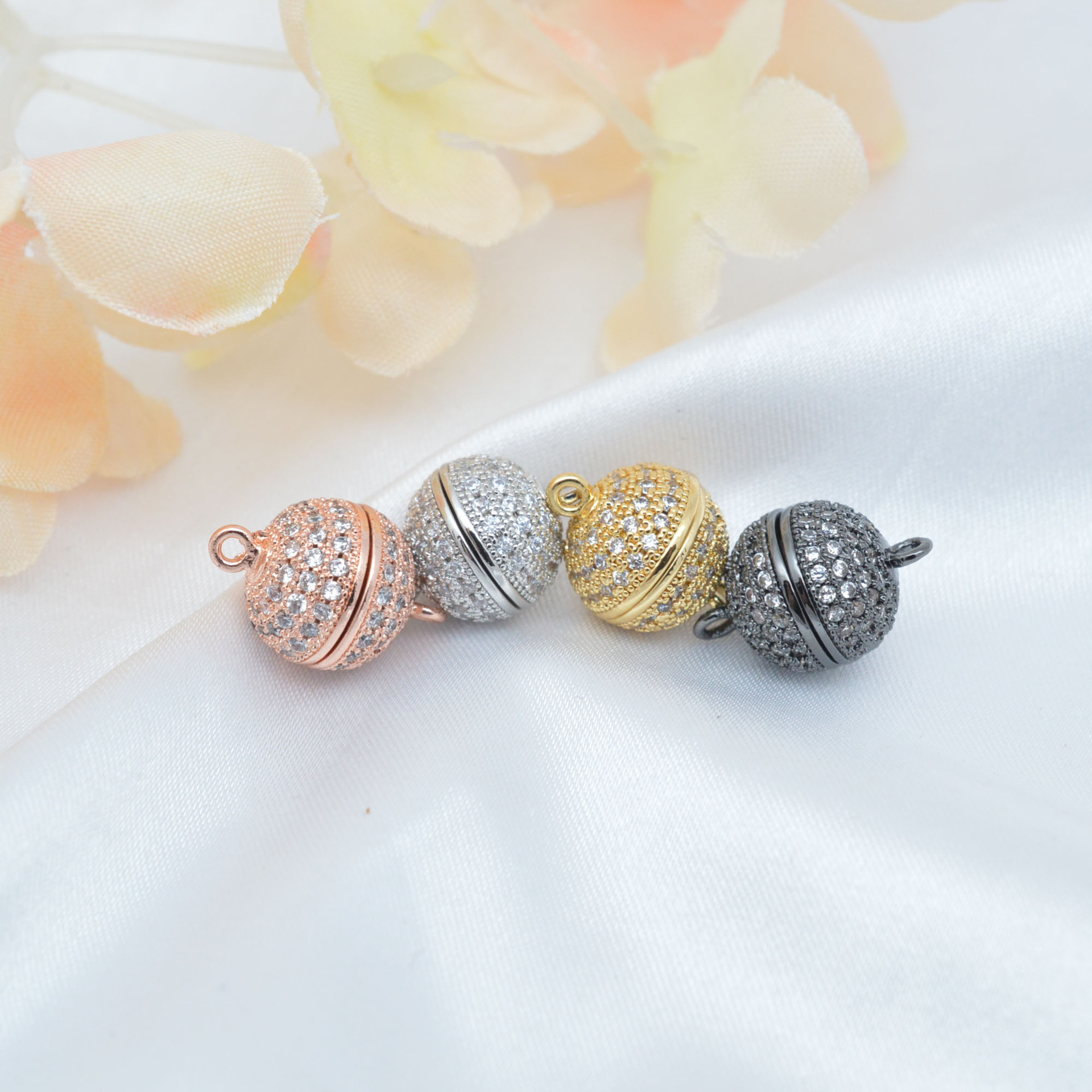 DIY饰品配件铜镀18k金微镶圆球磁扣项链手链扣磁吸扣开合扣