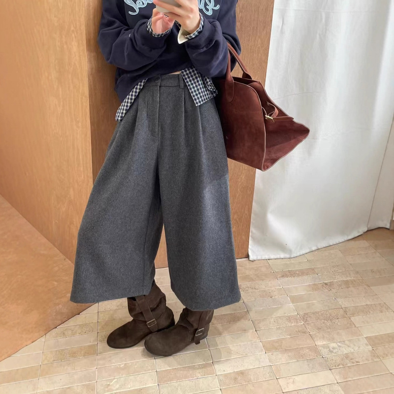 2025 New Autumn and Winter Woolen High-Waisted Loose Casual Versatile Wide-Leg Cropped Pants for Petite Girls