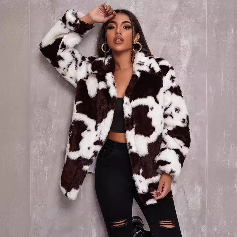 European and American Cross-Border Imitation Fur Jacket Women's Autumn and Winter Harajuku Style Cow Pattern Black and White Jacket Loose Imitation Rabbit Fur Jacket European and American Cross-Border Imitation Fur Jacket Women's Autumn and Winter Harajuku Style Cow Pattern Black and White Jacket Loose Imitation Rabbit Fur Jacket