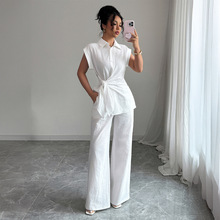 跨境欧美优雅高级感短袖马甲长裤女套装女装2025春夏亚马逊独立站