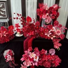 酒红色系仿真花材婚庆餐厅酒店路引装饰塑料造景假花莫奈花园之窗