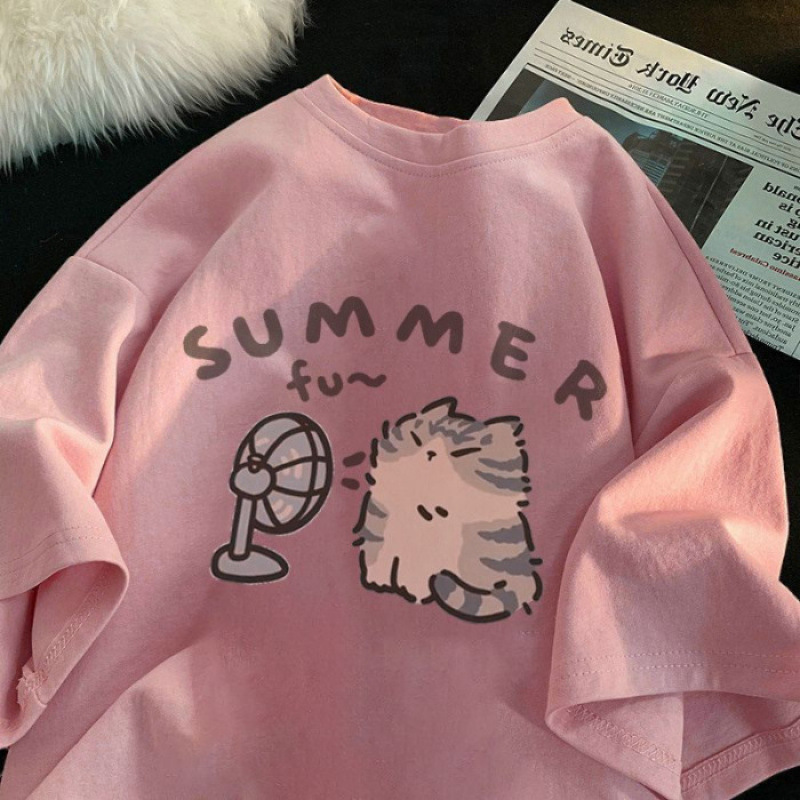Sports Running Cotton Top Dopamine Style Fun Cartoon Foreign Trade T-Shirt for Women Cute Sweet Cat Women's Clothing Sports Running Cotton Top Dopamine Style Fun Cartoon Foreign Trade T-Shirt for Women Cute Sweet Cat Women's Clothing