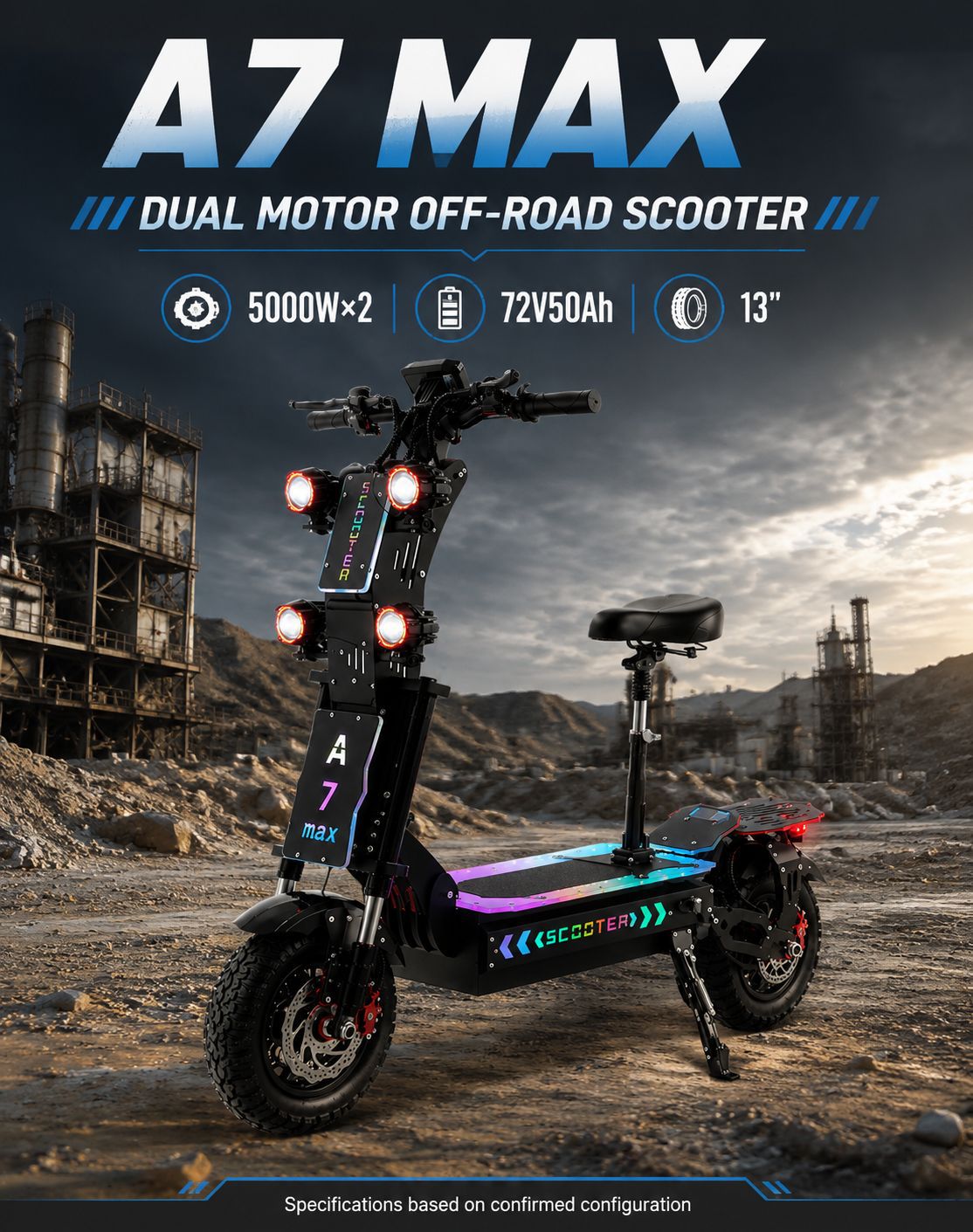 72V Dual Motor Electric Scooter for Adults 5000W×2 High Power 13inch Off-Road Foldable Electric Scooter with Seat
