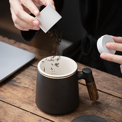 Creative Black Clay Tea Separation Mug Set of 3, Gold-Trimmed Office Cups with Logo as Gift