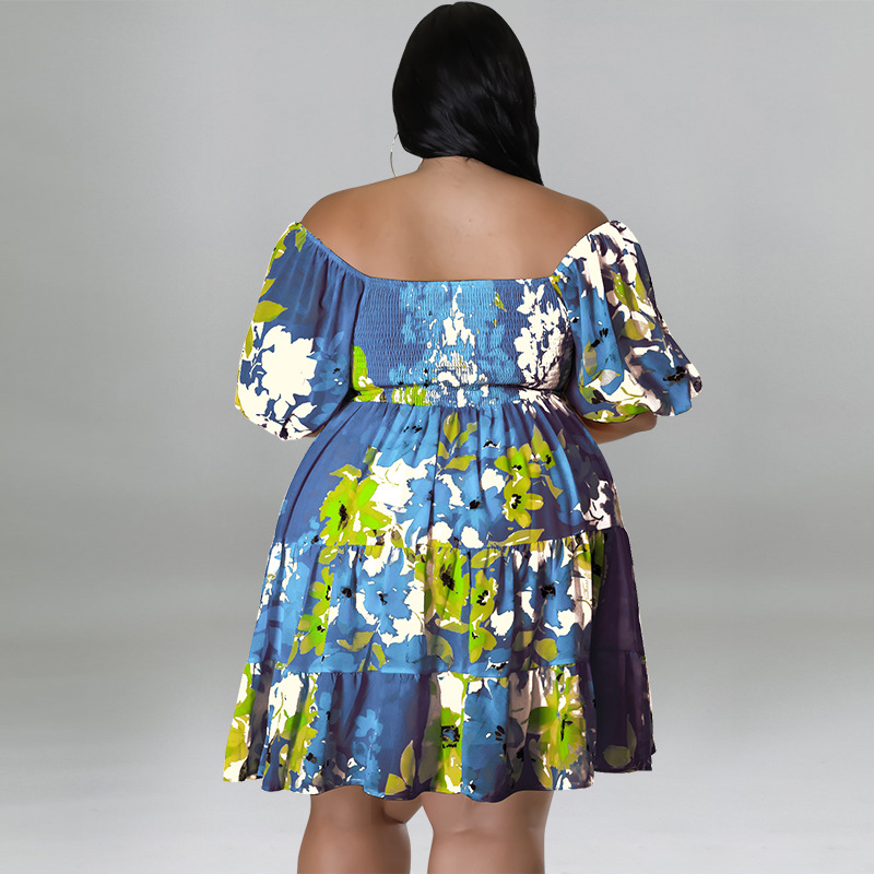 Plus Size Off Shoulder Floral Dress With Puff Sleeves, Flowy Swing Midi Dress For Women_ecoleips.com
