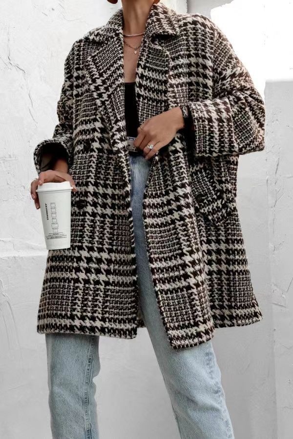 Women's Autumn Winter Woolen Plaid Coat Thickened Warm Overcoat_voghion.com